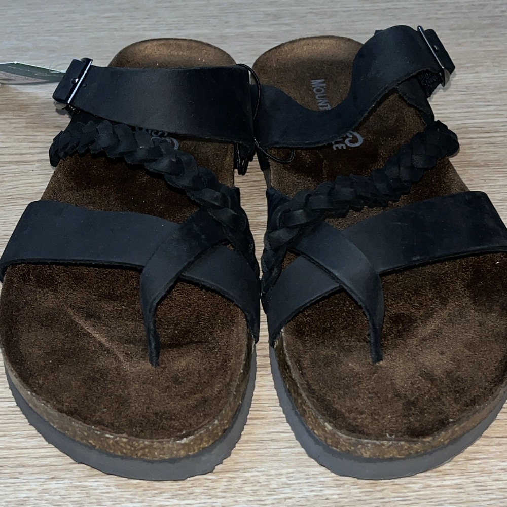 Mountain Sole Womens Leather Sandal Black Braided Buckle Slide Toe Loop Size 7
